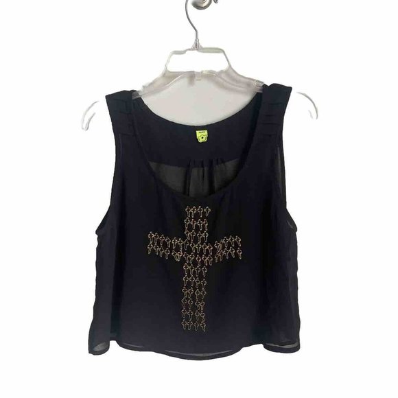 FARM Rio Tops - Farm Rio Black Sheer Embellished Cross Cropped Tank Sleeveless Women's